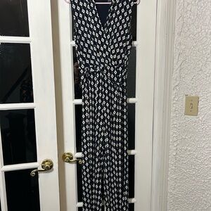 Enfocus Studio Navy Blue and White Geometric Jumpsuit with Waist Tie